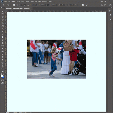 Photo gif. Photo editing software screenshot shows the image of a little girl holding a flag in a parade as she is cut out and placed into a photo of a battle scene. A warning window appears with the message, “Atentie la fotografile modificate.”