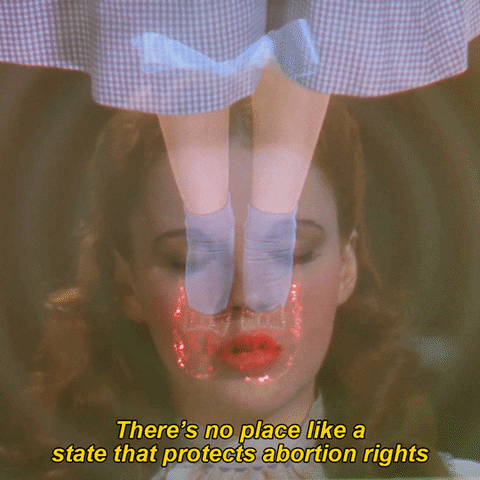 Movie gif. Judy Garland as Dorothy in Wizard of Oz clicks her ruby slippers together and closes her eyes as she mouths the words, “There’s no place like a state that protects abortion rights.”