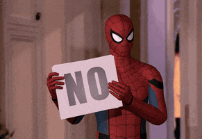 Digital art gif. Spider-Man holds up a stack of cue cards and drops the top one from the stack. They all say "No."