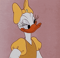 Disney gif. Daisy Duck shrugs as she lifts her shoulders and closes her eyes.