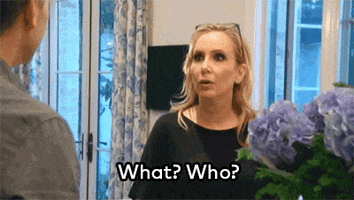 Reality TV gif. Looking shocked, Vicki Gunvalson of Real Housewives of Orange County says, “What? Who?”