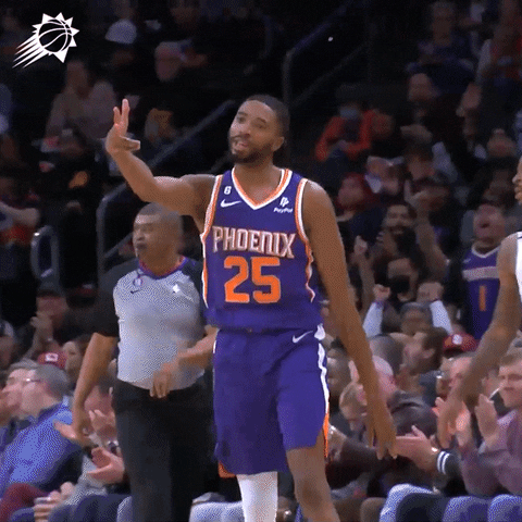 Sports gif. Mikal Bridges of the Phoenix Suns on the court, staggers across the court with an arm outstretched and several fingers pointing at someone as he bobs his head back and forth in a mocking way. 