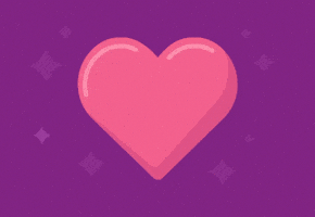 Digital art gif. Diamond-shaped twinkles flash on and around a pink heart against a purple background.