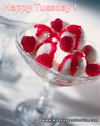 Digital art gif. Scoops of ice cream in a fancy, sparkling glass, with raspberries and a red syrup. Text, "Happy Tuesday!"