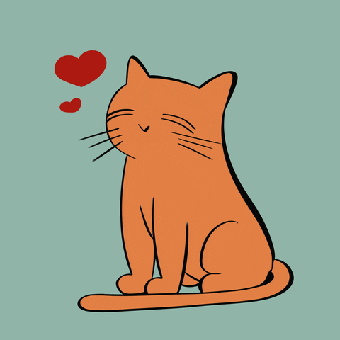 Digital illustration gif. Orange cat sits with its eyes closed and its tail wrapped around its body against a sage green background with red hearts. It wiggles its whiskers and lifts its tail, like its purring or feeling very content in the moment. 
