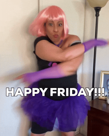 Video gif. A woman in a purple tutu and pink wig dances, shuffling her feet and crossing her arms. She stares at us with wide eyes and a serious expression. Text, “Happy Friday!!!”