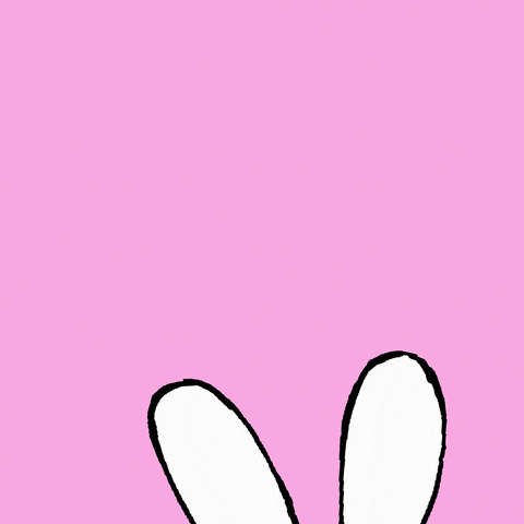 Digital illustration gif. Bunny in a red sweater with a big smile pops up into the frame, holding up a big present with a big bow as high as he can hold it against a bubblegum pink background.