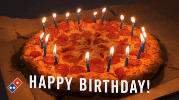 Ad gif. Burning birthday candles on a Domino's pepperoni pizza. Text, "Happy birthday."