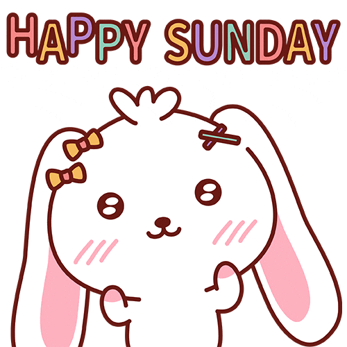 Digital illustration gif. Cute bunny with pink cheeks and yellow bows in its hair smiles and bobs back and forth. Text, "Happy Sunday."