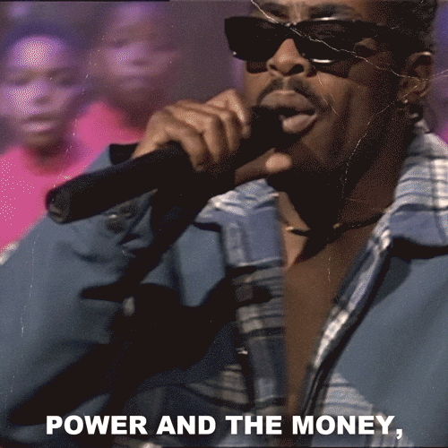 Celebrity gif. Coolio performing confidently and emphatically into a microphone, dramatically removing his sunglasses to punctuate his message. Text, "Power and the money, money and the power, it's why billionaires sink dollars into elections, it's why we vote!"