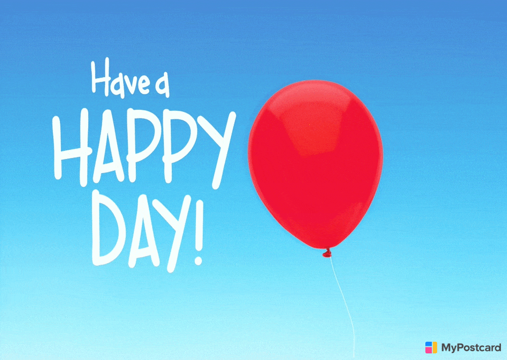 Poletující červený nafukovací balónek s anglickým nápisem Have a happy day!