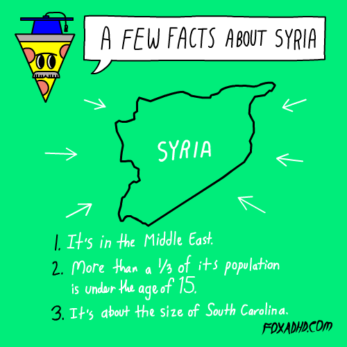 Illustrated gif. Outline of Syria in the center of a mint green background, with white arrows pointing at it. Above, a pizza slice wearing a graduation cap floats next to a speech bubble reading "A Few Facts About Syria." Below the outline, text: "1. It's in the Middle East. 2. More than a third of its population is under the age of 15. 3. It's about the size of South Carolina. FoxADHD.com."