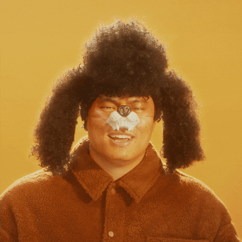 Video gif. Man wearing a fake dog nose and an awkward fluffy black wig with big bangs and pigtails holds out his arms as if to say, "Happy birthday brother!" against an orange background. 