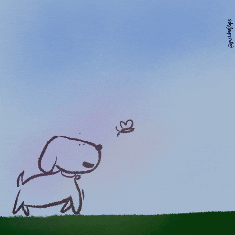 Kreslená animace s běhajícím veselým pejskem na trávě chytajícím motýla. 