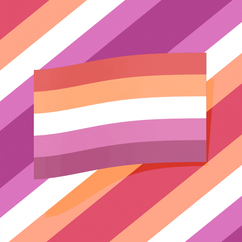 Digital art gif. Cartoon illustration of a waving lesbian pride flag with salmon, orange, white, pink, and dark pink stripes on it, against a moving background of stripes of the same colors.