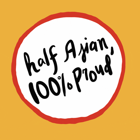 Digital art gif. Red-framed white circle dances against a god background with the message, “Half Asian, 100% proud.”