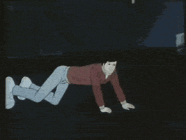 Cartoon gif. Man wearing blue jeans and a red shirt crouches on all fours on the ground, and his body elongates and stretches into a red sports car.