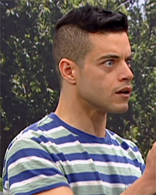 Celebrity gif. A shocked Rami Malek turns to look at us, wide-eyed.