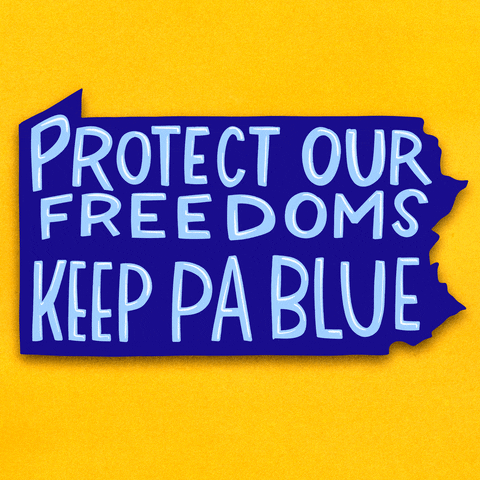 Digital art gif. Royal blue graphic of the state of Pennsylvania on golden yellow background, glossy marker font within. Text, "Protect our freedoms, keep Pennsylvania blue."