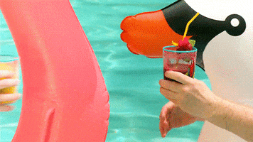 TV gif. From Conan, two men dressed as Conan and Andy sit in the pool on giant flamingo and swan floaties, clink their fruity cocktails together, then take a sip.