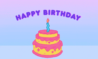 Digital compilation gif. Golden Labrador wears a pink party hat on its head as it pops up out of an animated pink and yellow cake. ITs birthday hat pushes up the text "Happy birthday!" as confetti falls against a pastel blue and purple gradient background. 