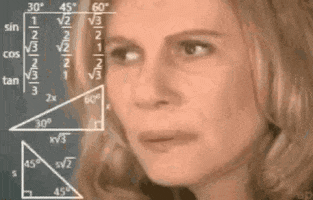 Meme gif. The "math lady" meme: A closeup of a blonde woman looking around suspiciously as math equations appear in front of her.
