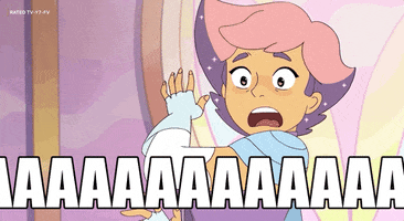 Cartoon gif. Glimmer from She-Ra and the Princesses of Power is holding onto something in fear as her lip warbles. The text under her scrolls endlessly, saying "Aaaaaaaa."