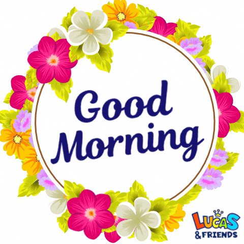 Text gif. The text, "Good Morning," is written in navy blue cursive and is surrounded by a wreath of fuchsia, yellow and light purple flowers. 