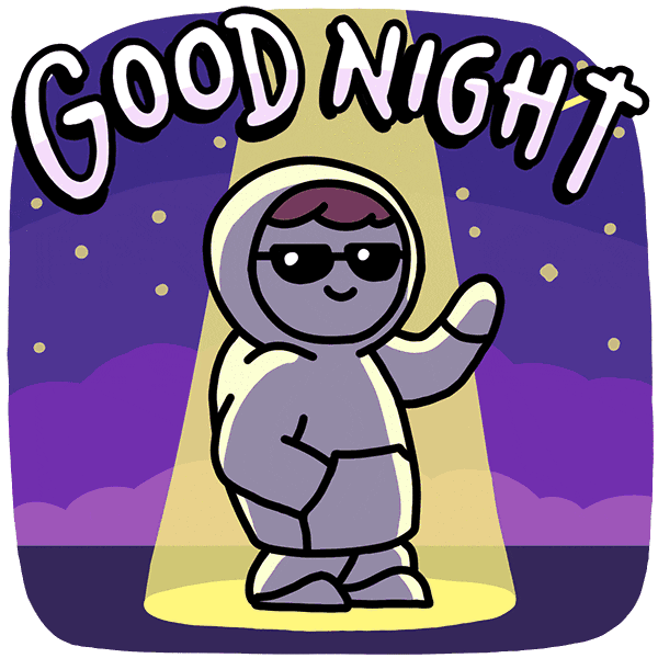 Digital illustration gif. Person in a white hoodie and sunglasses stands in a spotlight, smiling and waving at us. The background has a shooting star and purple night sky filled with stars. Text, "Good night."