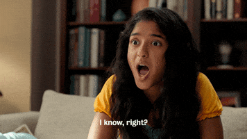 TV gif. Maitreyi Ramakrishnan as Devi in Never Have I Ever, shrugs her shoulders, frowns and smiles subtly while saying, "I know, right?" which appears as text.
