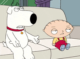 Family Guy gif. Brian and Stewie from Family Guy sit on a couch. Brian says something and then stares blankly. Stewie's eyes widen as Brian speaks and then he slowly turns his head up at him in a judging manner.