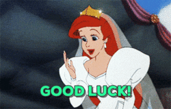 Disney gif. Wearing a wedding dress and gold crown, Ariel from the animated movie,The Little Mermaid blows a kiss. Text, “Good luck!”