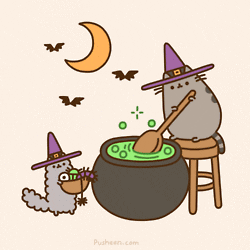 Cartoon gif. Two grey cats in purple witches hats, stand near a green bubbling cauldron. One cat holds a bowl of bugs and the other stands on a stool and stirs with a long wooden spoon. A crescent moon and three bats hang in the background. 