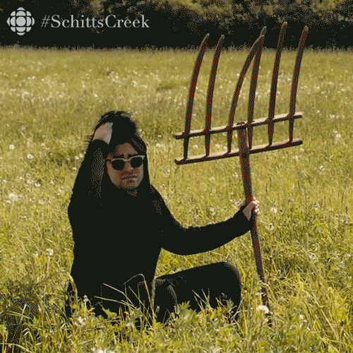 Schitt’s Creek gif. Dan Levy as David sits in a field in a black hoodie and sunglasses holding a pitchfork. He pulls his head off and very annoyed says, “I know.”