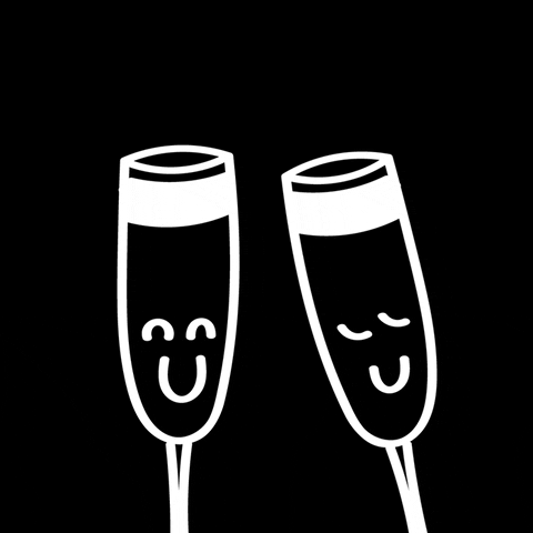 Cartoon gif. A pair of cartoon champagne flutes with happy faces against a black background. One flute clinks itself into the other in a cheerful toast releasing bubbles with the impact.