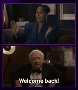 TV gif. Tracee Ellis Ross and Leslie Jordan are on two separate screens as they host the 94th Oscars Nominations Show. Tracee's screen is above Leslie's screen, and she smiles spreading her arms wide as she says, "Welcome Back!" 
