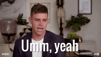 Reality TV gif. Michael on Married at First Sight Australia looks around nervously, avoiding eye contact as he says, “Umm, yeah.”