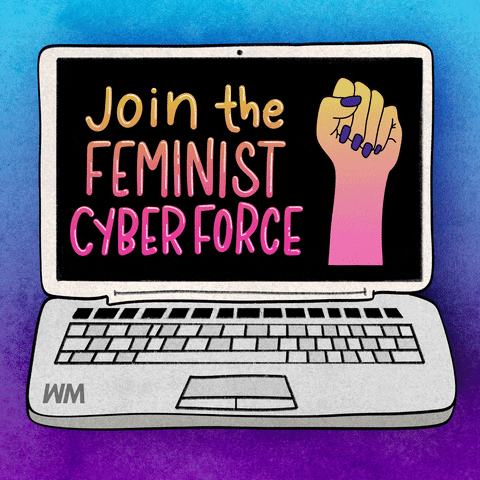 Digital art gif. Open laptop over a blue and purple background features a woman’s fist pumping up and down along with the message, “Join the feminist cyber force.”
