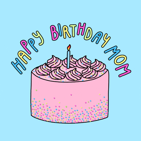 Gif přání k 45. narozeninám s kresleným růžovým narozeninovým dortem a nápisem "Happy birthday mom" na světle modrém pozadí. 