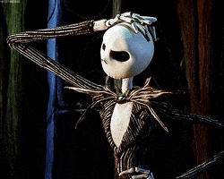 Movie gif. Jack from Nightmare Before Christmas leans his elbow against a tree and scratches the top of his head pensively.