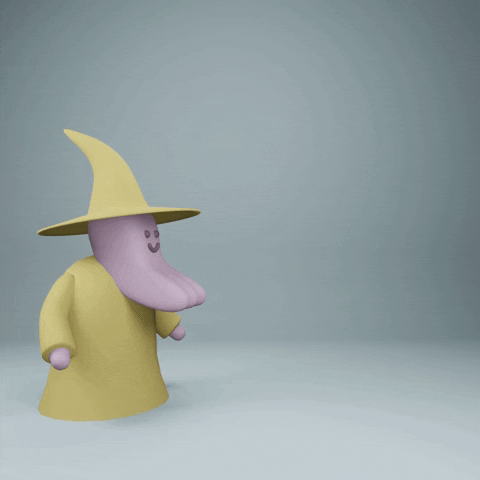 Digital art. Little doughy looking wizard with a yellow hat and cloak moves his arms and the letter “K” appears magically next to him with sparkles.