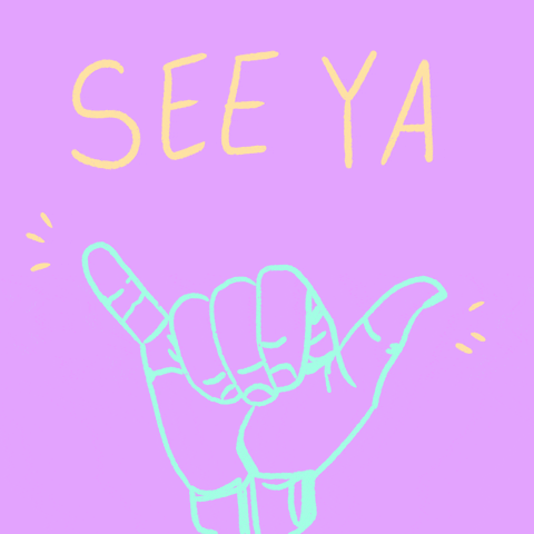 Illustrated gif. A drawing of a hand doing the hang-ten sign wiggles in front of a purple background. Text, “See ya.”