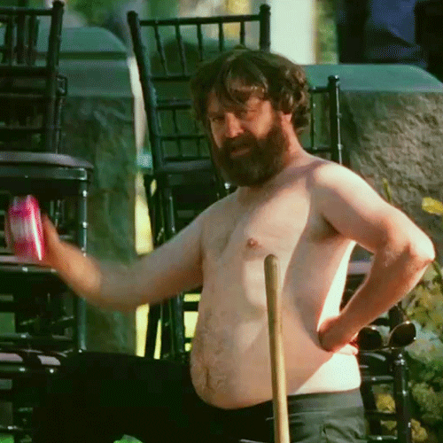 Movie gif. Zach Galifianakis as Alan in The Hangover 3, assumes the Captain Morgan pose, shirtless, and raises a can of tab into the air.