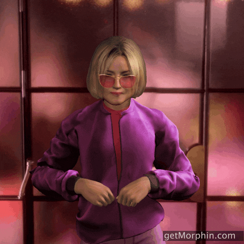 Digital art gif. Digital rendering of a blonde woman with a bob, wearing red sunglasses and a pink jacket and throwing confetti in the air and swinging her hips.
