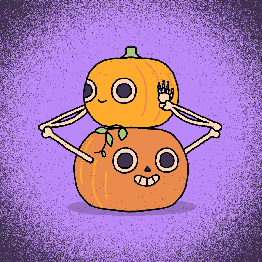 Illustrated gif. Two pumpkins sit on top of each other. The pumpkin on the bottom has skeleton arms and it turns the top pumpkin in the opposite direction, so they spin in opposition to one another.