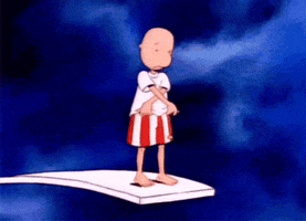 TV gif. Cartoon Doug stands on a diving board as he takes off his shirt. His stomach balloons as he prepares for a dive. 