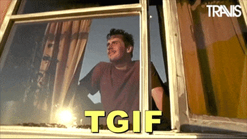 Celebrity gif. Neil Primrose from Travis gazes out through a big window at the sunny day, then turns away, appearing inspired. Text, "TGIF."