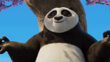 Movie gif. Po from Kung Fu Panda sits underneath a cherry blossom tree and meditates with his eyes closed while inhaling the air happily. 