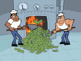 TV gif. Two sailors from the Fairly Oddparents in nautical hats and white tank tops frantically shovel stacks of banded cash into a furnace.