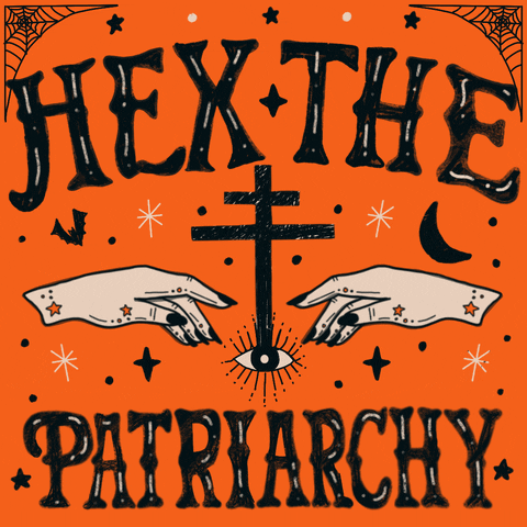 Digital art gif. Tattooed hands and a blinking eye frame a Patriarchal cross on a Halloween orange background, lettering in pitch black craftsman font reads, "Hex the Patriarchy."